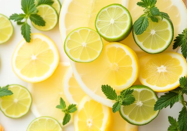 新鮮な柑橘類とミントの葉